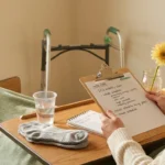 A rehab hospital tray with a notepad, folded slip-resistant socks, water cup, and a walker in the background — setting the scene for ICU survivor recovery from critical illness neuropathy.