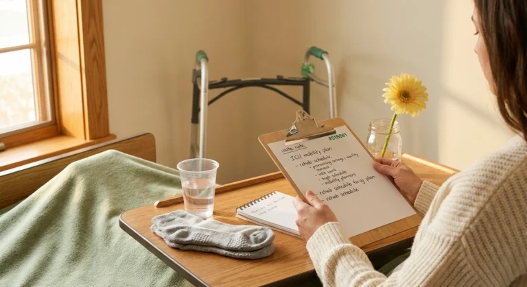 A rehab hospital tray with a notepad, folded slip-resistant socks, water cup, and a walker in the background — setting the scene for ICU survivor recovery from critical illness neuropathy.