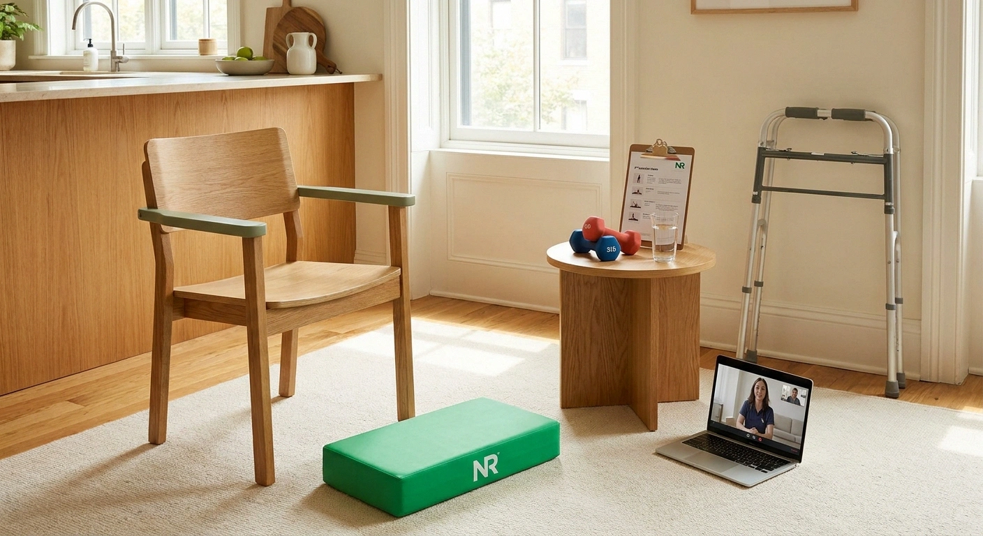 A home rehab setup with a sturdy chair, foam balance pad, light dumbbells, printed PT exercise sheet, walker, and laptop on a side table — illustrating the months-long home recovery phase after critical illness neuropathy.