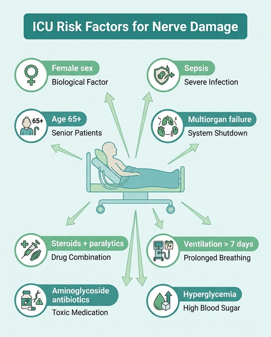 Infographic showing eight risk factors for ICU-acquired neuropathy radiating around a hospital bed silhouette: sepsis, multiorgan failure, prolonged ventilation, hyperglycemia, steroids and paralytics, age, female sex, and aminoglycoside antibiotics.