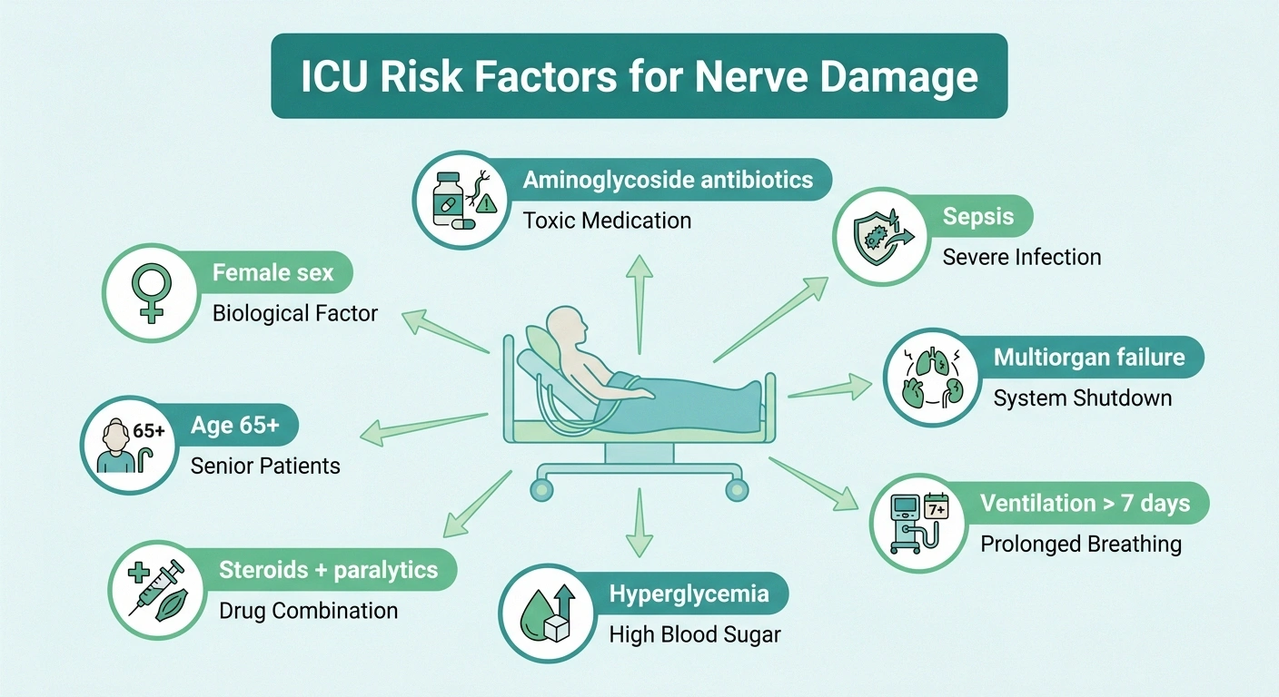 Infographic showing eight risk factors for ICU-acquired neuropathy radiating around a hospital bed silhouette: sepsis, multiorgan failure, prolonged ventilation, hyperglycemia, steroids and paralytics, age, female sex, and aminoglycoside antibiotics.