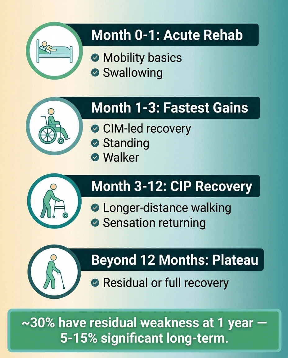 A four-phase recovery timeline for critical illness neuropathy: acute rehab in the first month, fastest gains in months 1-3, slower nerve recovery from 3 to 12 months, and a plateau beyond a year, with 30 percent residual weakness at 1 year.