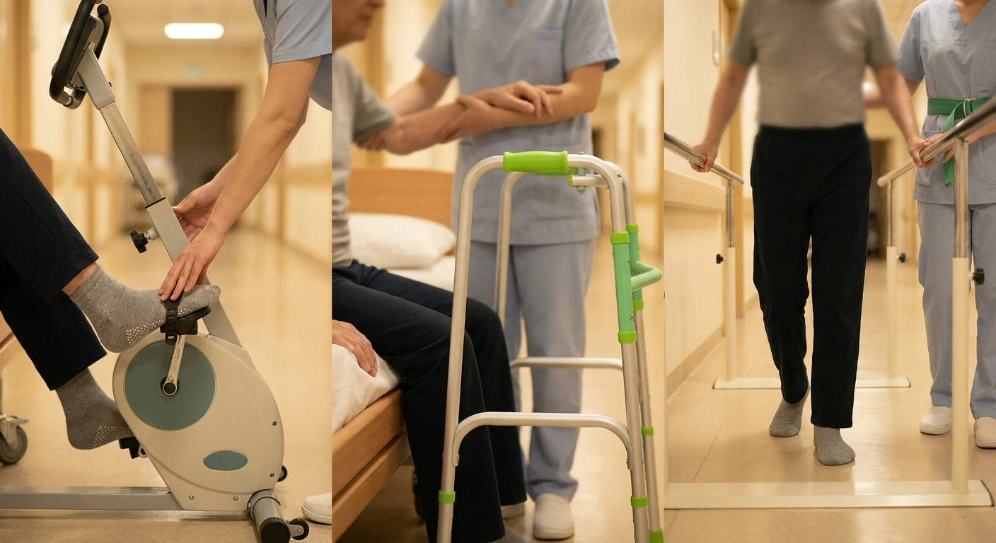 A three-panel rehab progression showing a critical illness neuropathy patient on a bed bicycle, then sitting at bedside with a walker, then walking along parallel bars with a physical therapist — illustrating gradual mobility recovery.
