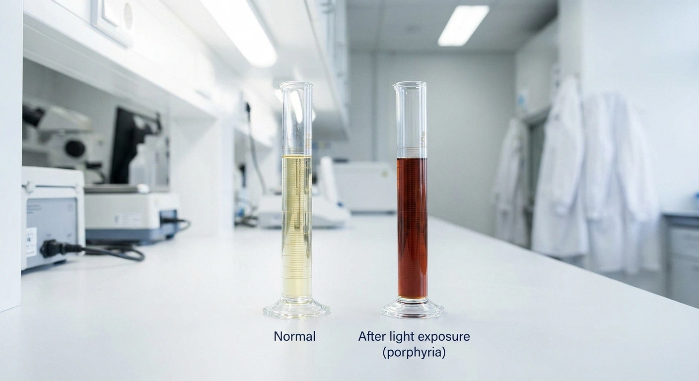 Two clinical urine sample containers side by side showing normal pale yellow urine on the left and dark port-wine colored urine on the right characteristic of acute porphyria.