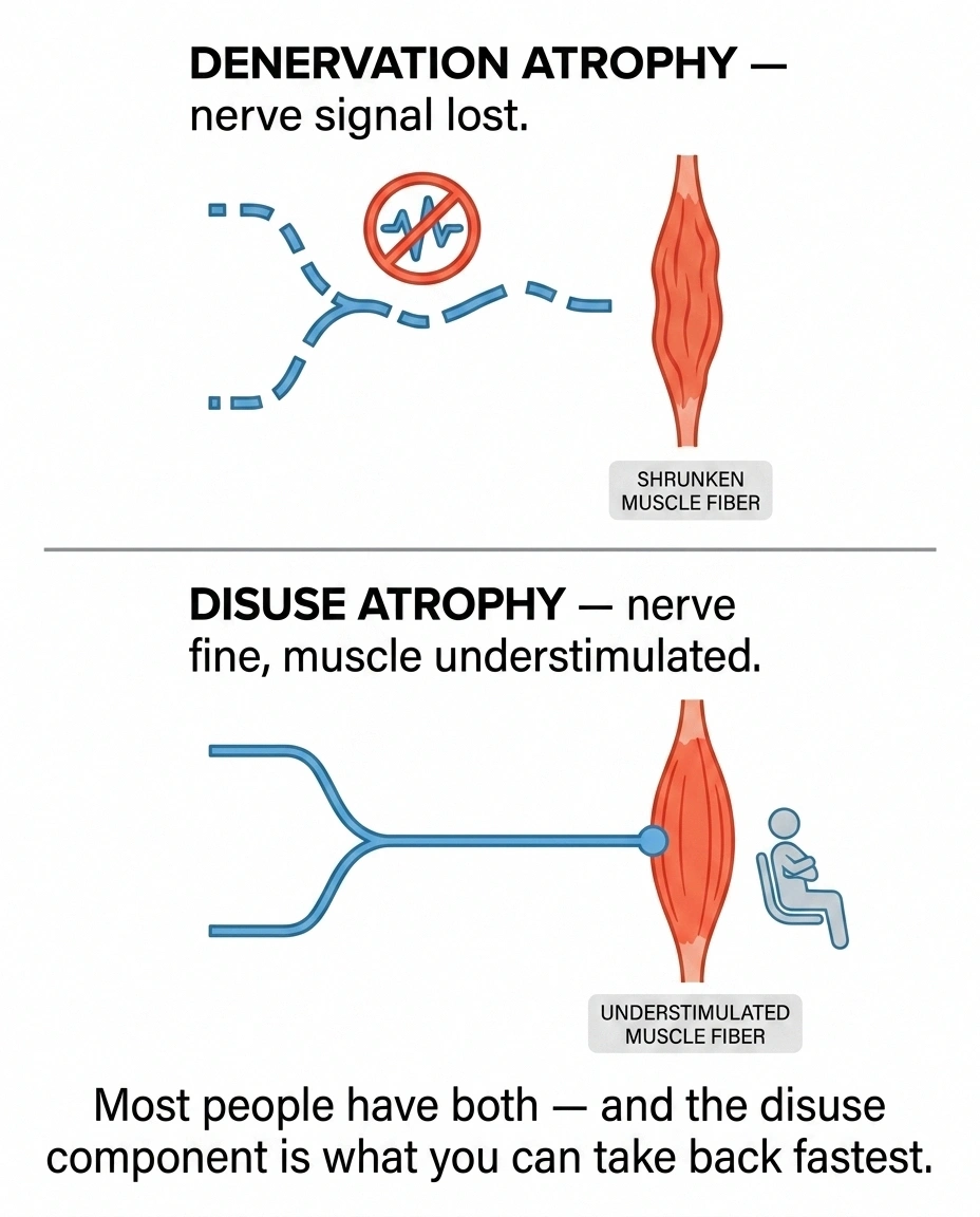Diagram comparing denervation atrophy on the left where the nerve has lost signal and disuse atrophy on the right where the nerve is intact but the muscle is understimulated.