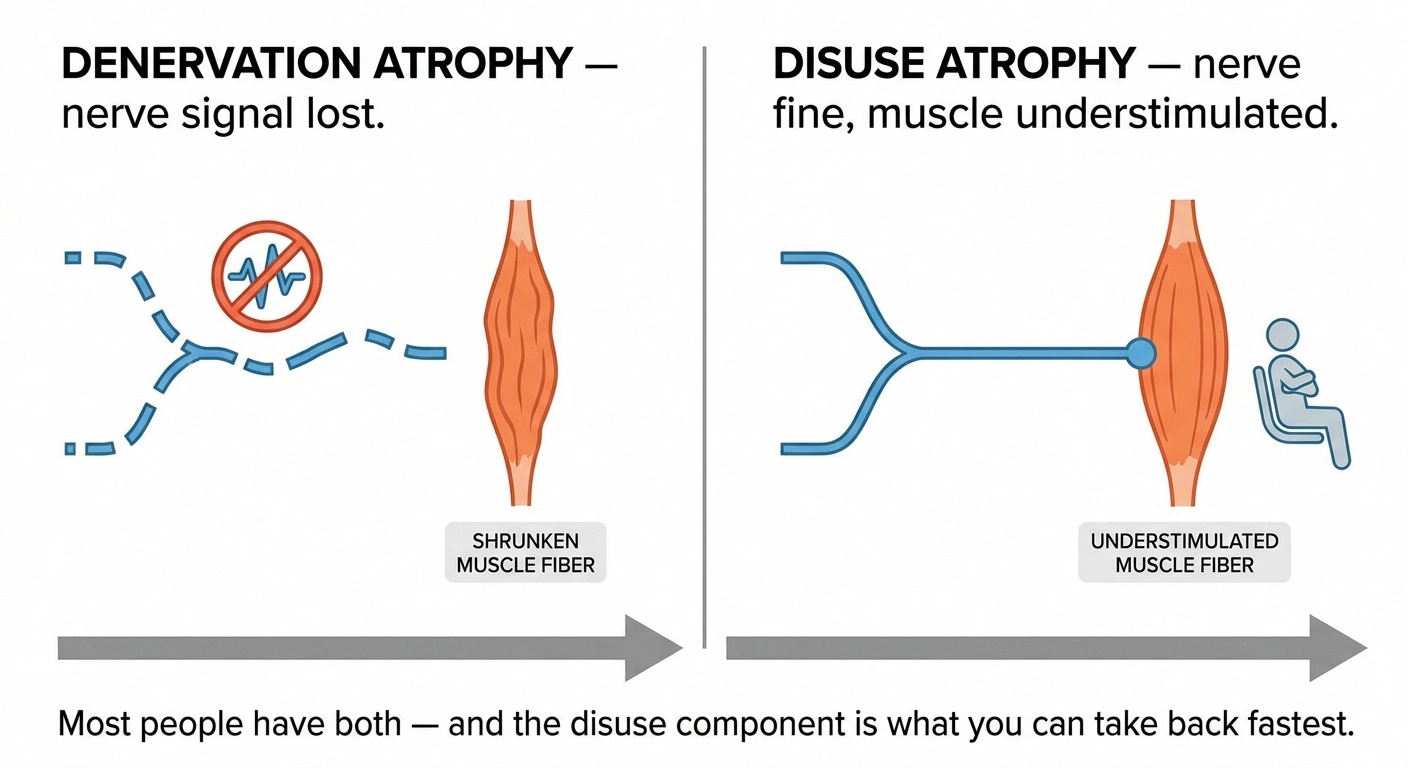 Diagram comparing denervation atrophy on the left where the nerve has lost signal and disuse atrophy on the right where the nerve is intact but the muscle is understimulated.