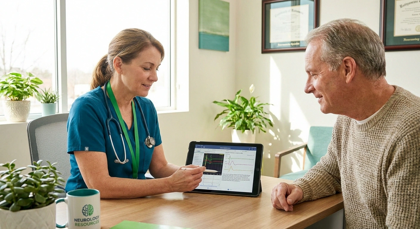 Neuromuscular specialist reviewing EMG nerve conduction results with diabetic amyotrophy patient