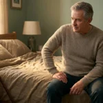 Older man sitting on bed in morning resting hand on thigh contemplating new diabetic amyotrophy symptoms