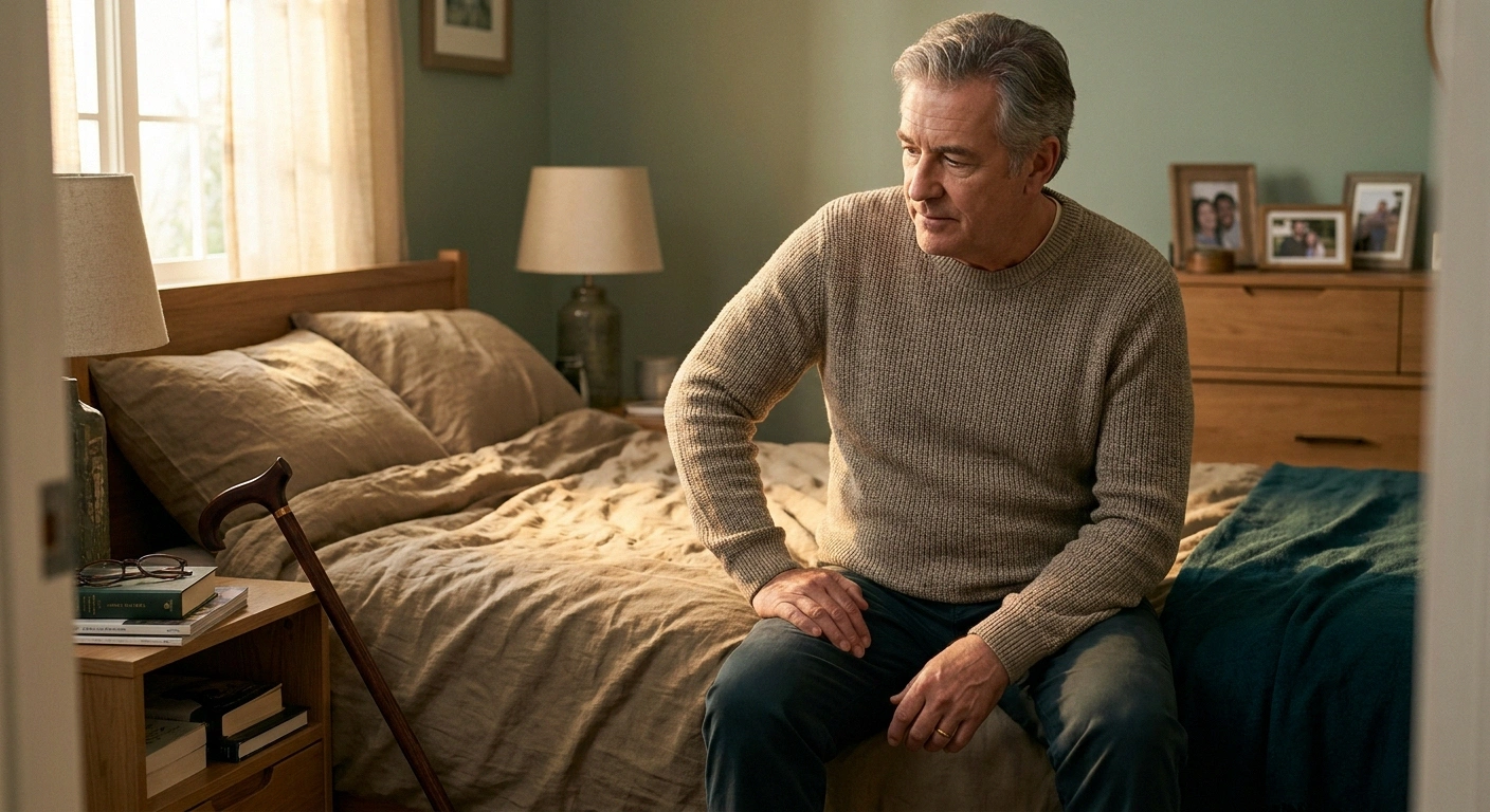 Older man sitting on bed in morning resting hand on thigh contemplating new diabetic amyotrophy symptoms