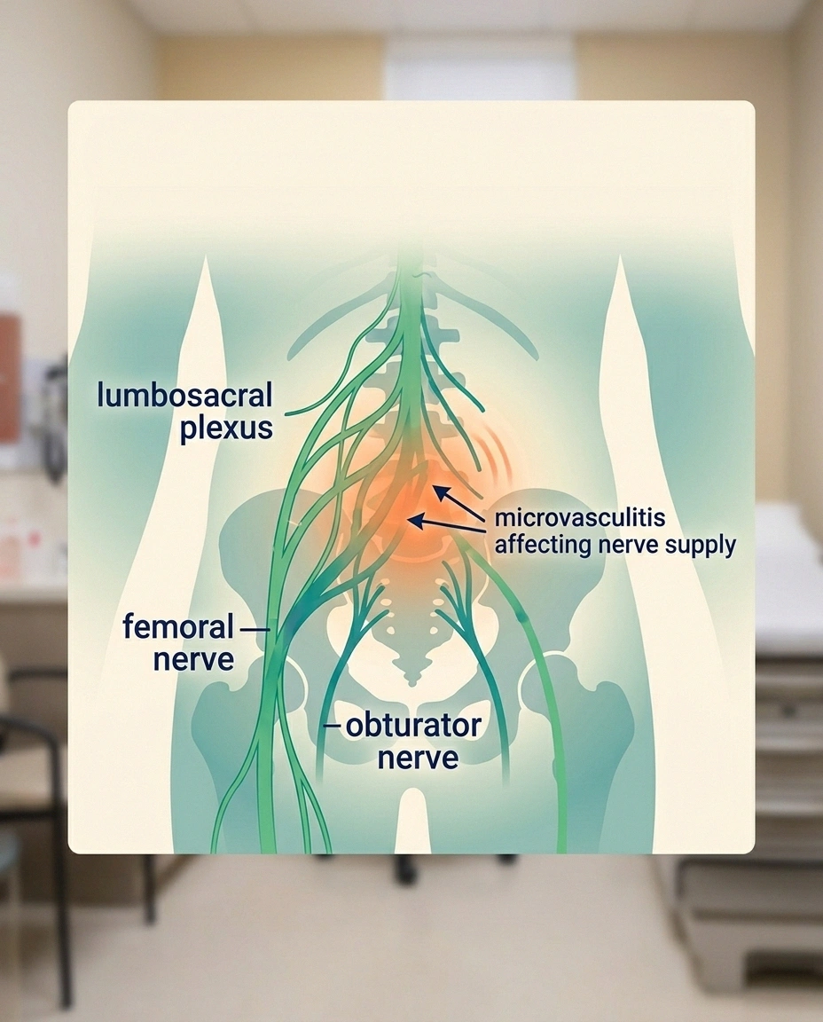 Medical illustration of lumbosacral plexus showing inflammation in diabetic amyotrophy nerve network