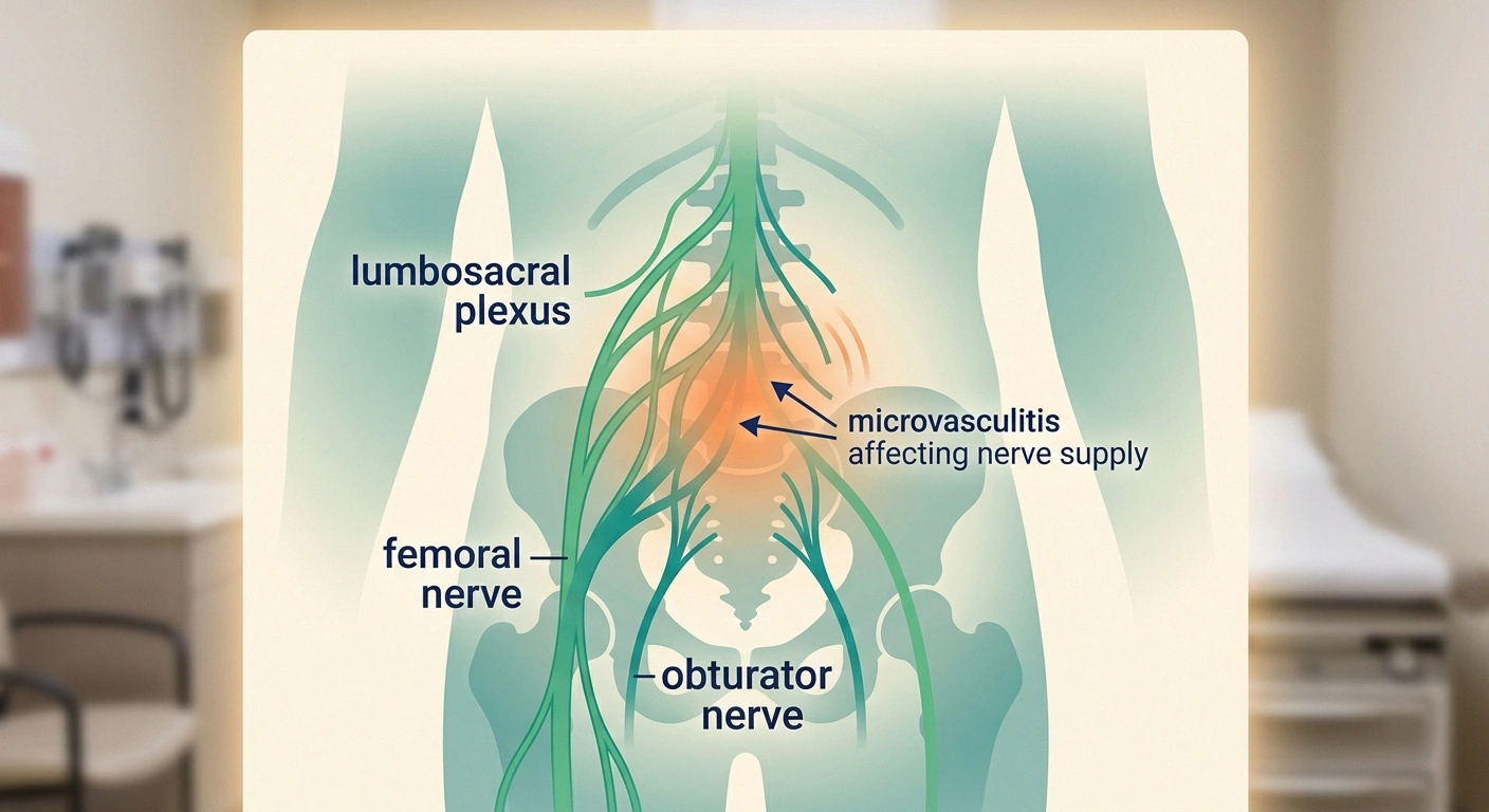 Medical illustration of lumbosacral plexus showing inflammation in diabetic amyotrophy nerve network