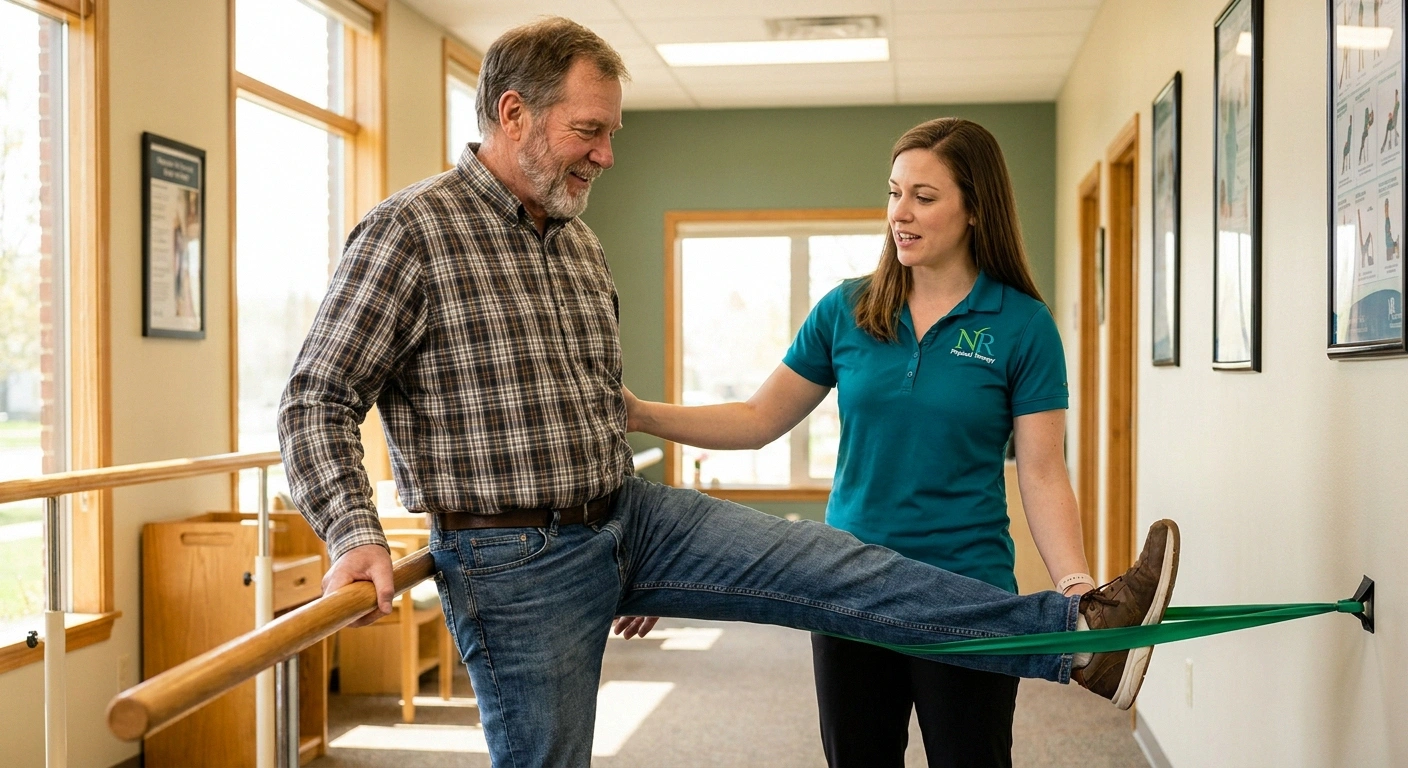 Diabetic amyotrophy patient doing quadriceps strengthening with physical therapist during recovery