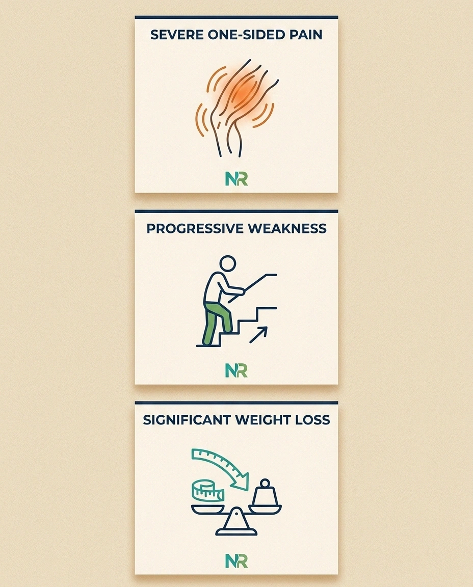 Three part progression of diabetic amyotrophy infographic showing pain weakness and weight loss