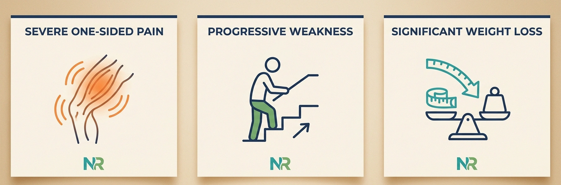 Three part progression of diabetic amyotrophy infographic showing pain weakness and weight loss