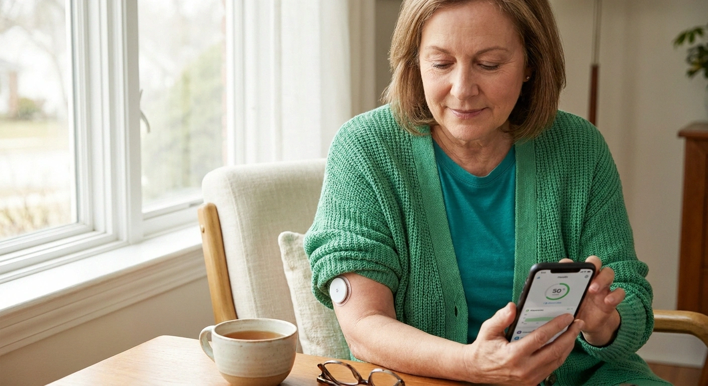 Woman checking her CGM app on her phone with a sensor visible on her upper arm