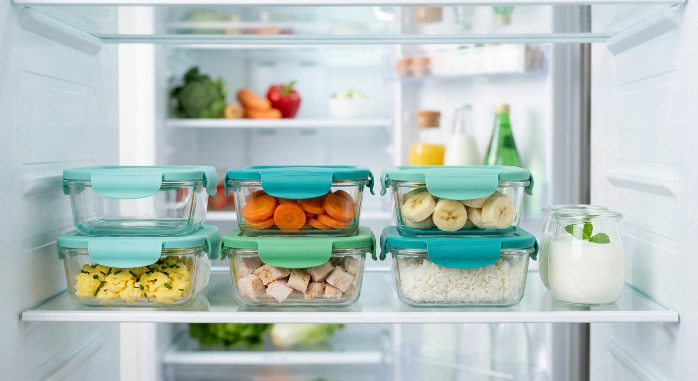Refrigerator shelf with small meal-prep containers holding gastroparesis-friendly portions