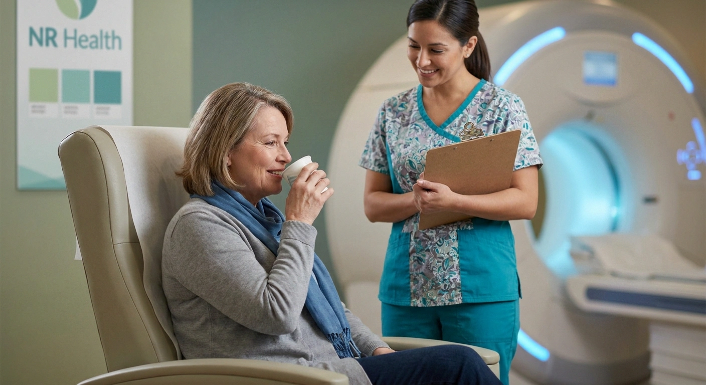 Woman in a hospital chair sipping from a test meal cup while a technician prepares the gastric emptying study