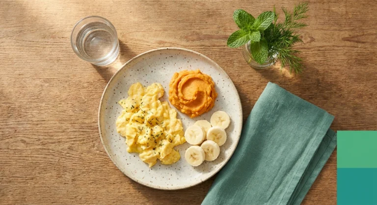 Small gastroparesis-friendly meal of scrambled eggs, mashed sweet potato, ripe banana, and water on a wooden table