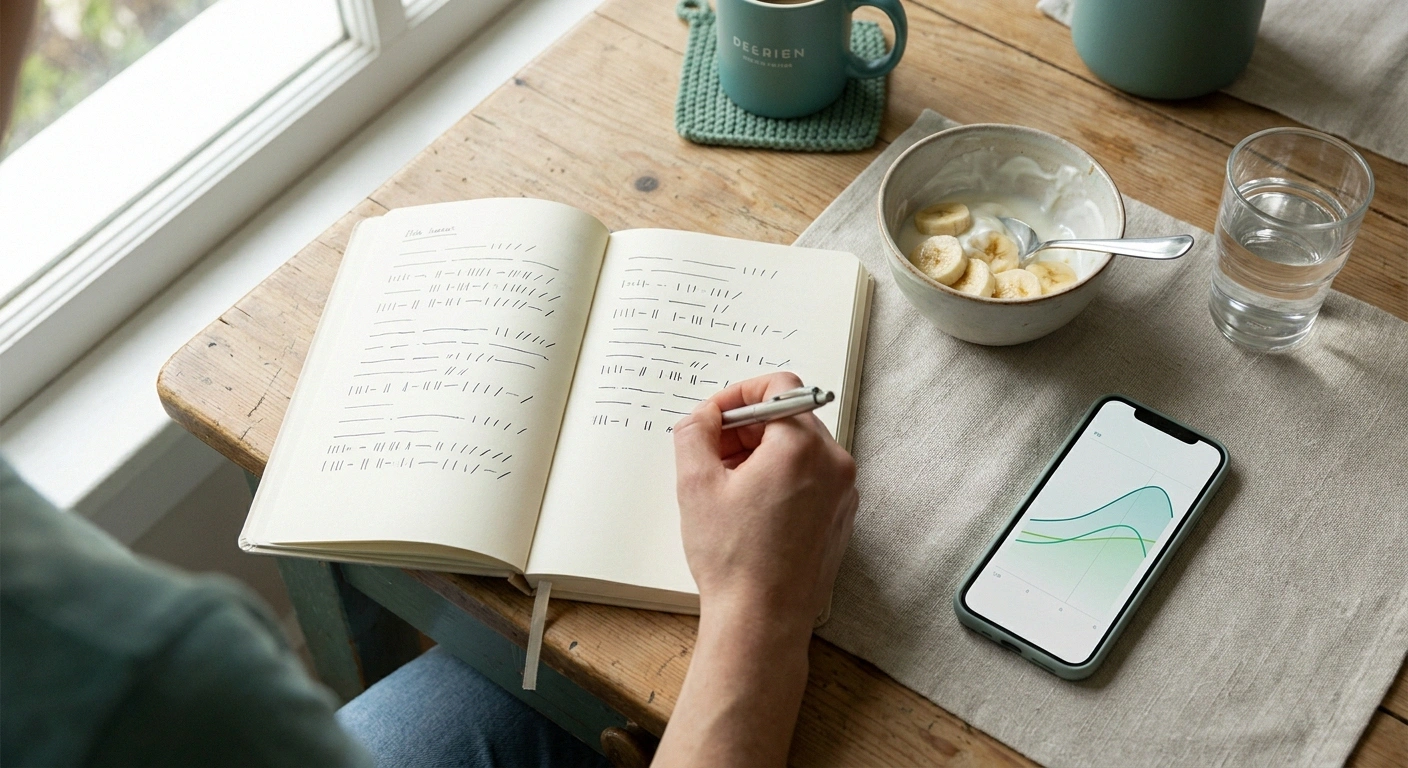 Hand writing in a symptom journal alongside a small yogurt bowl, water, and a phone with glucose graph