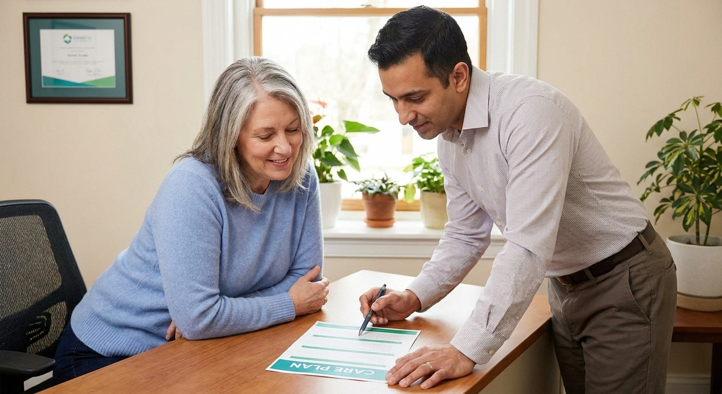 Woman reviewing a care plan with a clinician at a consultation desk in a warm office