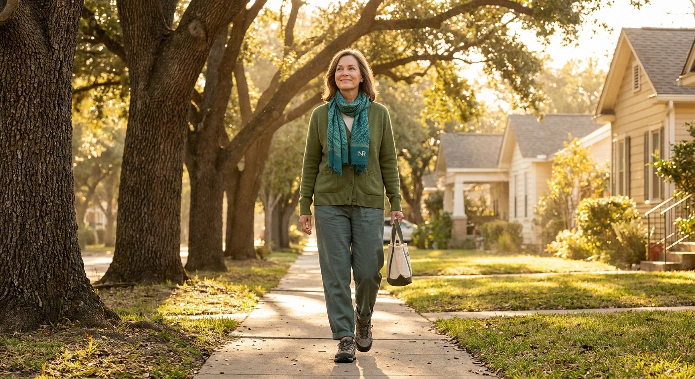 Woman in her 50s walking gently in a sunlit neighborhood in warm afternoon light