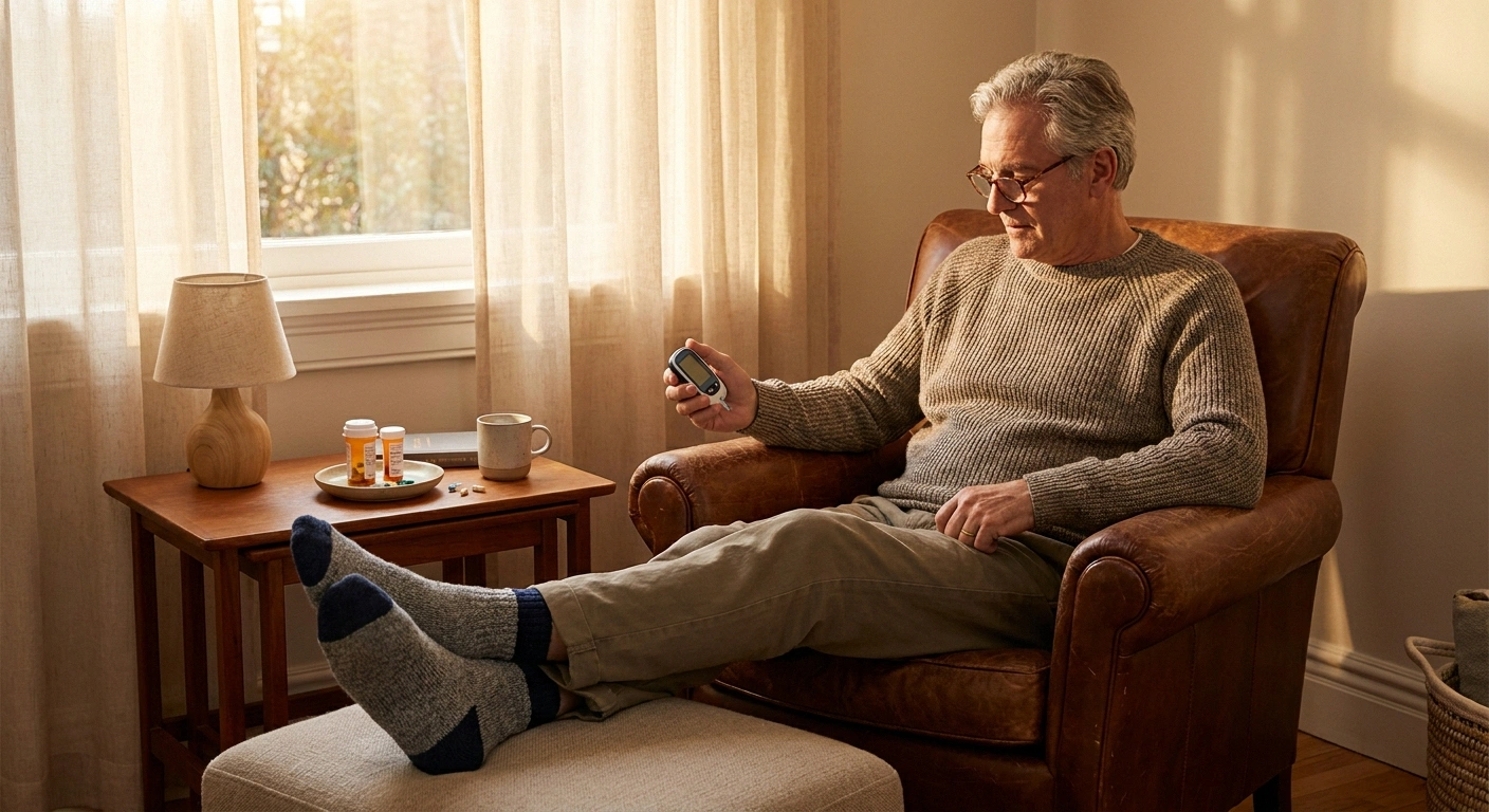 Older man checking his glucose monitor while managing diabetic peripheral neuropathy at home