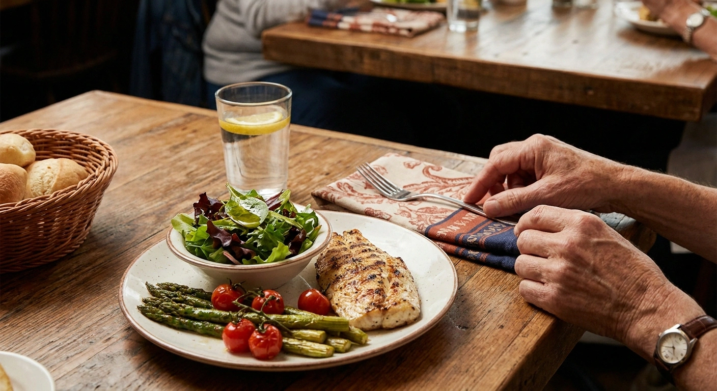Restaurant plate with grilled fish a side of seasonal vegetables and a green salad with olive oil dressing on a table with the bread basket untouched.