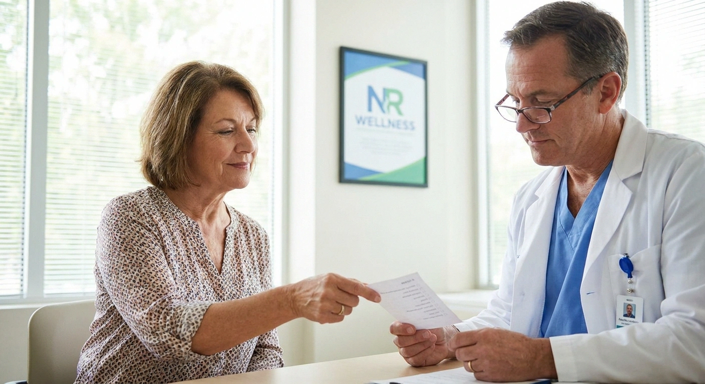 Older patient handing their doctor a written list of supplements with doses to discuss safety and interactions during an appointment.