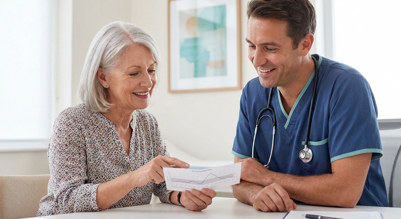 Patient showing a continuous glucose monitor report to their doctor during an appointment.