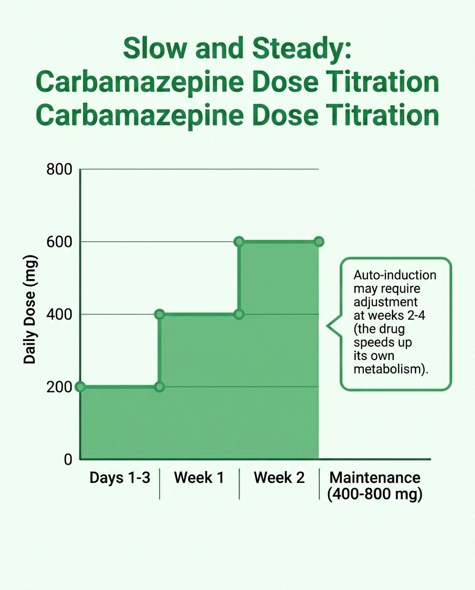 Step-chart showing carbamazepine dose increasing slowly from 200mg to 600mg over the first weeks of treatment