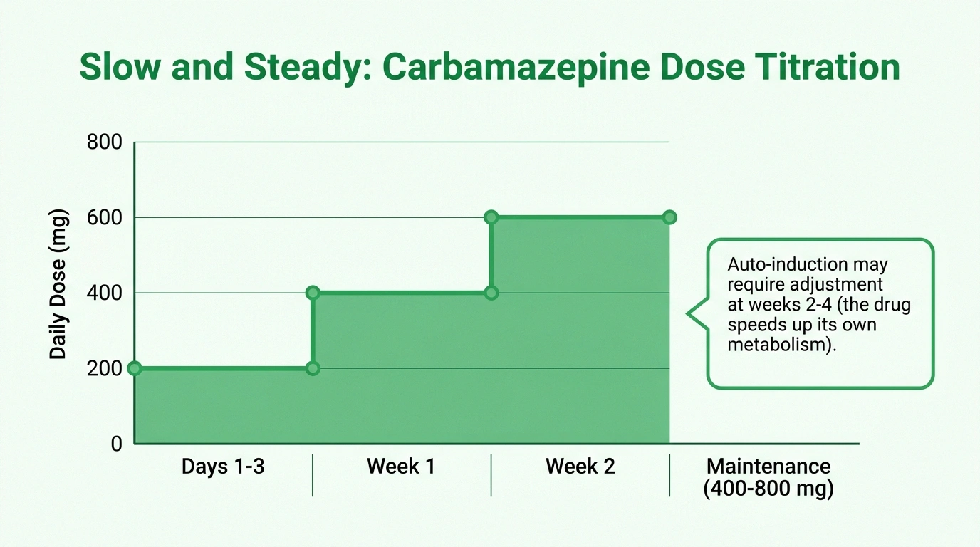 Step-chart showing carbamazepine dose increasing slowly from 200mg to 600mg over the first weeks of treatment