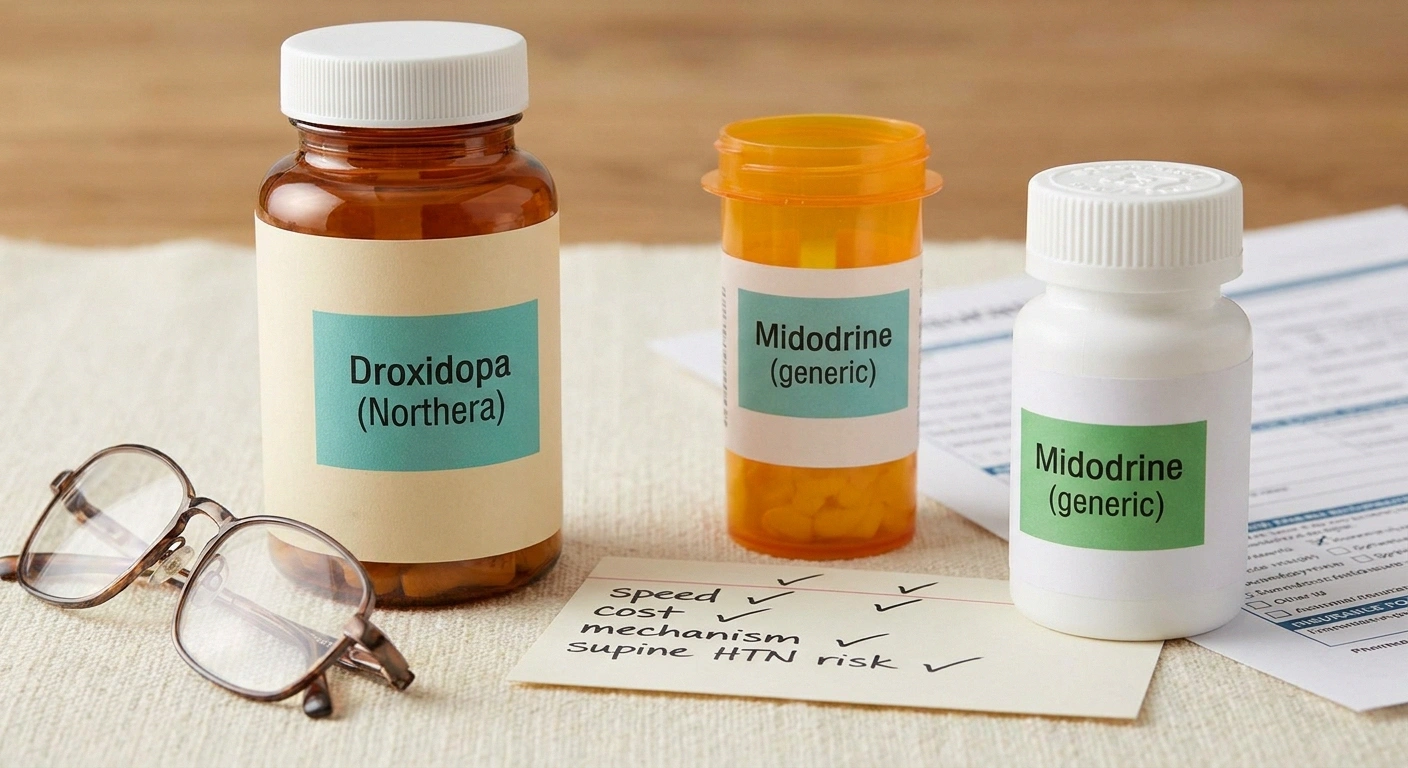 Two prescription bottles labeled droxidopa and midodrine beside a handwritten comparison card.