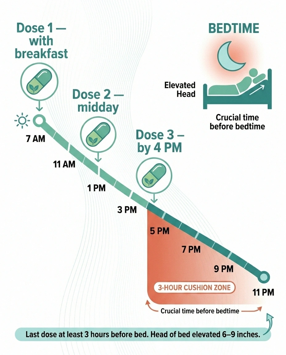 Day timeline showing three droxidopa doses with the last dose at least three hours before an elevated-head bedtime.
