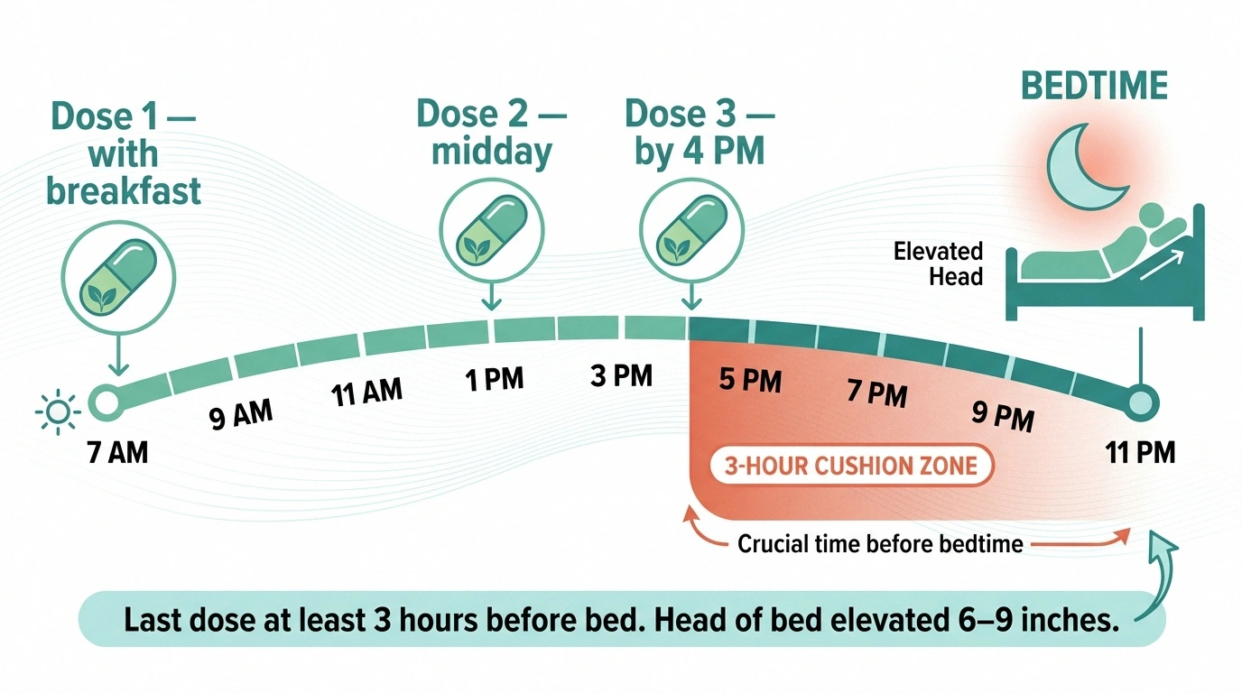 Day timeline showing three droxidopa doses with the last dose at least three hours before an elevated-head bedtime.