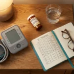 Home blood pressure monitor, prescription bottle, and a tracking notebook on a warm bedside table.
