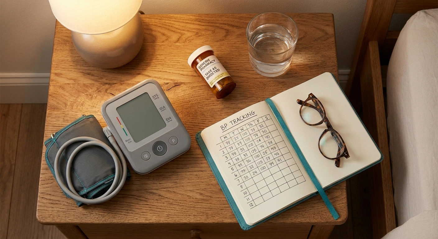Home blood pressure monitor, prescription bottle, and a tracking notebook on a warm bedside table.