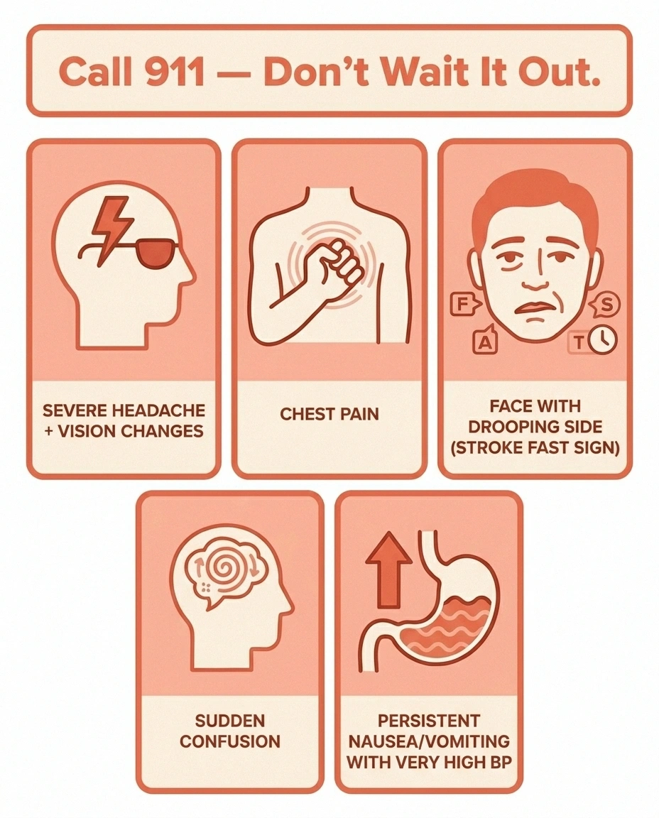 Five-icon infographic showing 911 warning signs of supine hypertension: severe headache, chest pain, stroke signs, confusion, persistent vomiting.