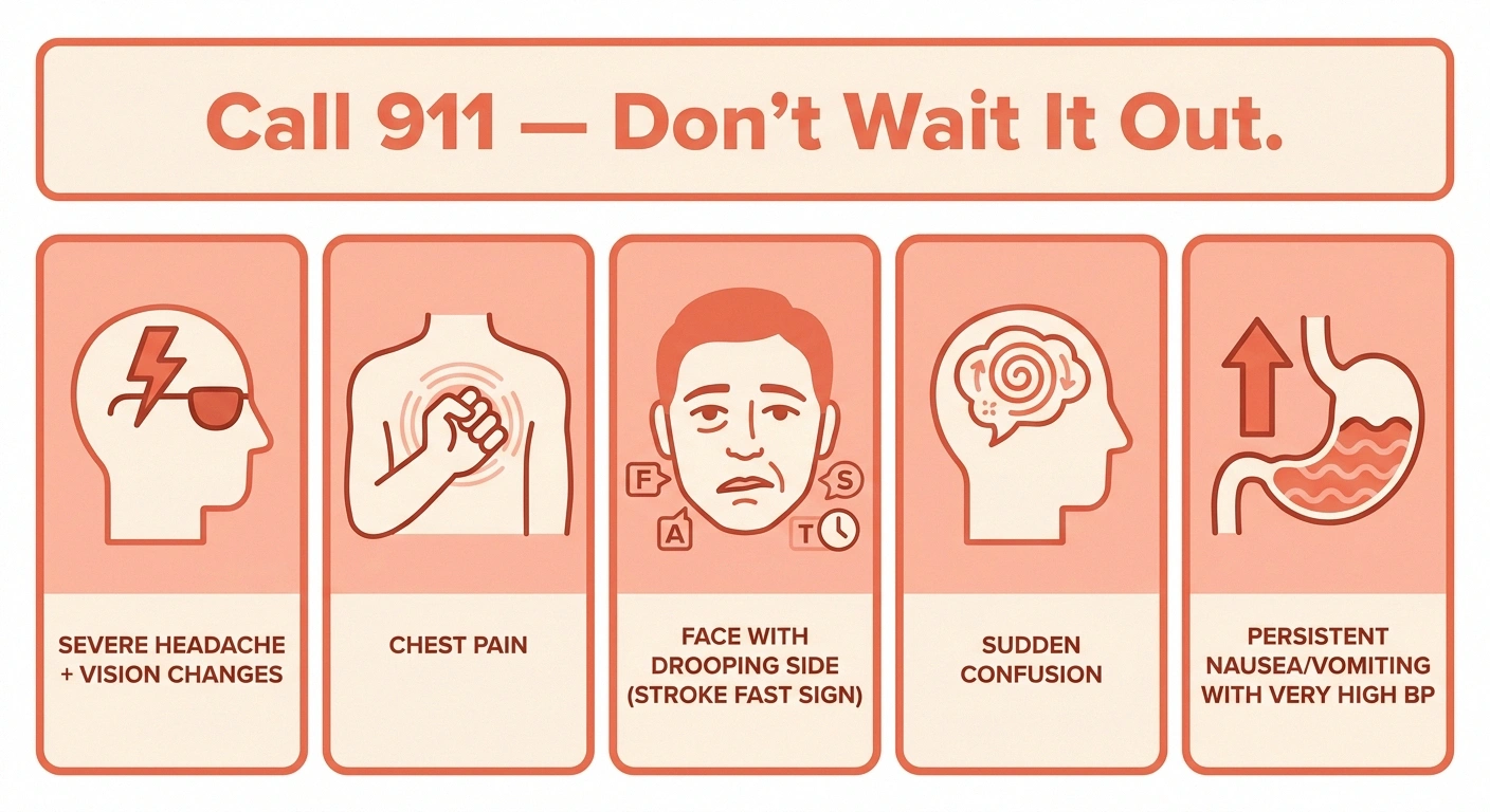 Five-icon infographic showing 911 warning signs of supine hypertension: severe headache, chest pain, stroke signs, confusion, persistent vomiting.