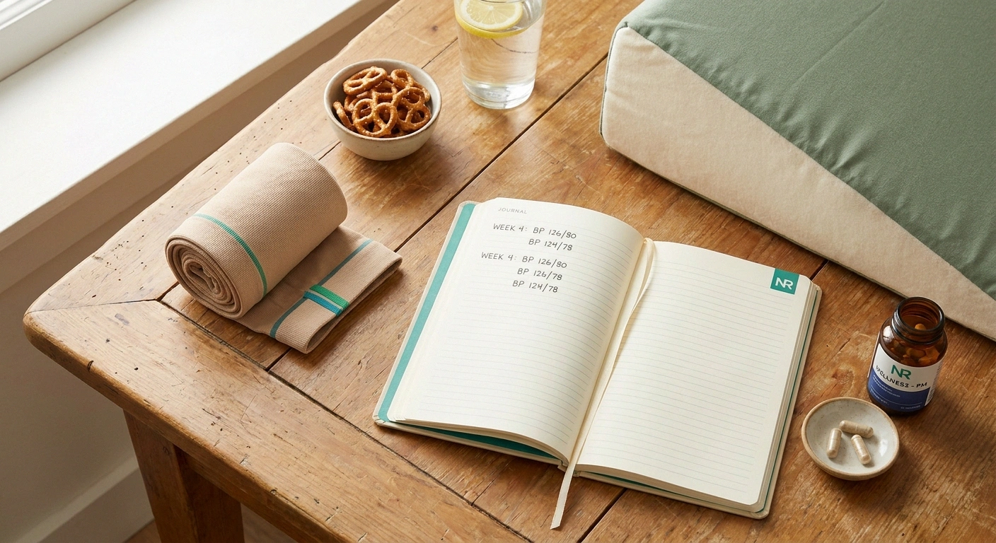 Flat-lay of compression stockings, BP journal, medication bottle, wedge pillow, pretzels, and water on a wooden table.