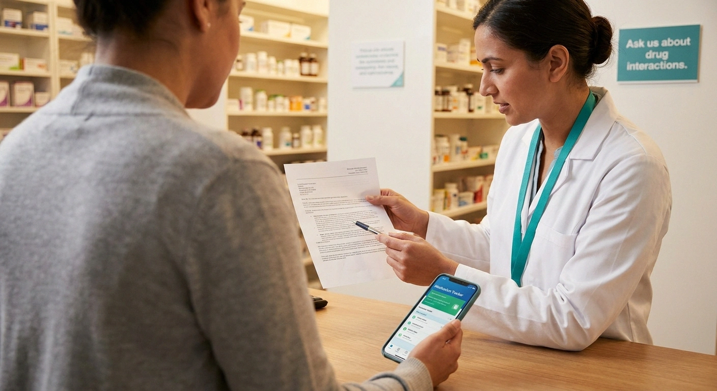 Patient at a pharmacy counter consulting with a pharmacist reviewing a printed medication list