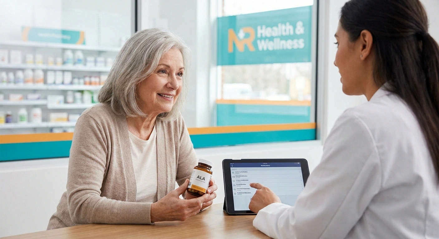 Older patient consulting with a pharmacist about supplement and medication interactions while reviewing a medication list together.