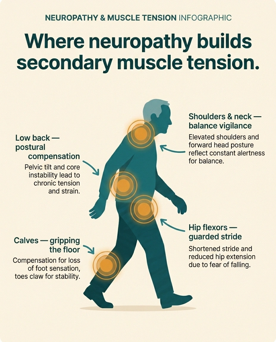 Body-map infographic showing where neuropathy patients commonly build compensatory muscle tension — calves, hip flexors, low back, and shoulders