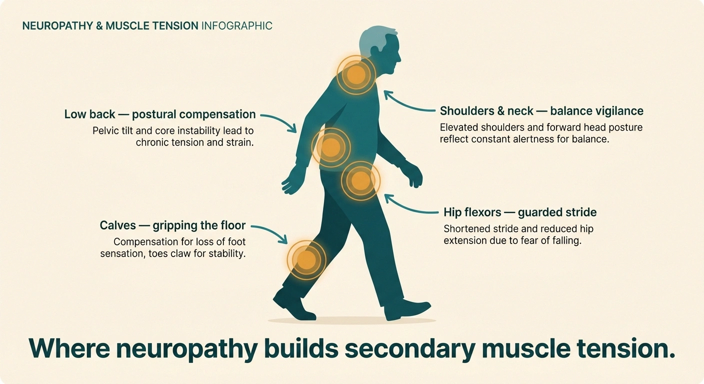 Body-map infographic showing where neuropathy patients commonly build compensatory muscle tension — calves, hip flexors, low back, and shoulders