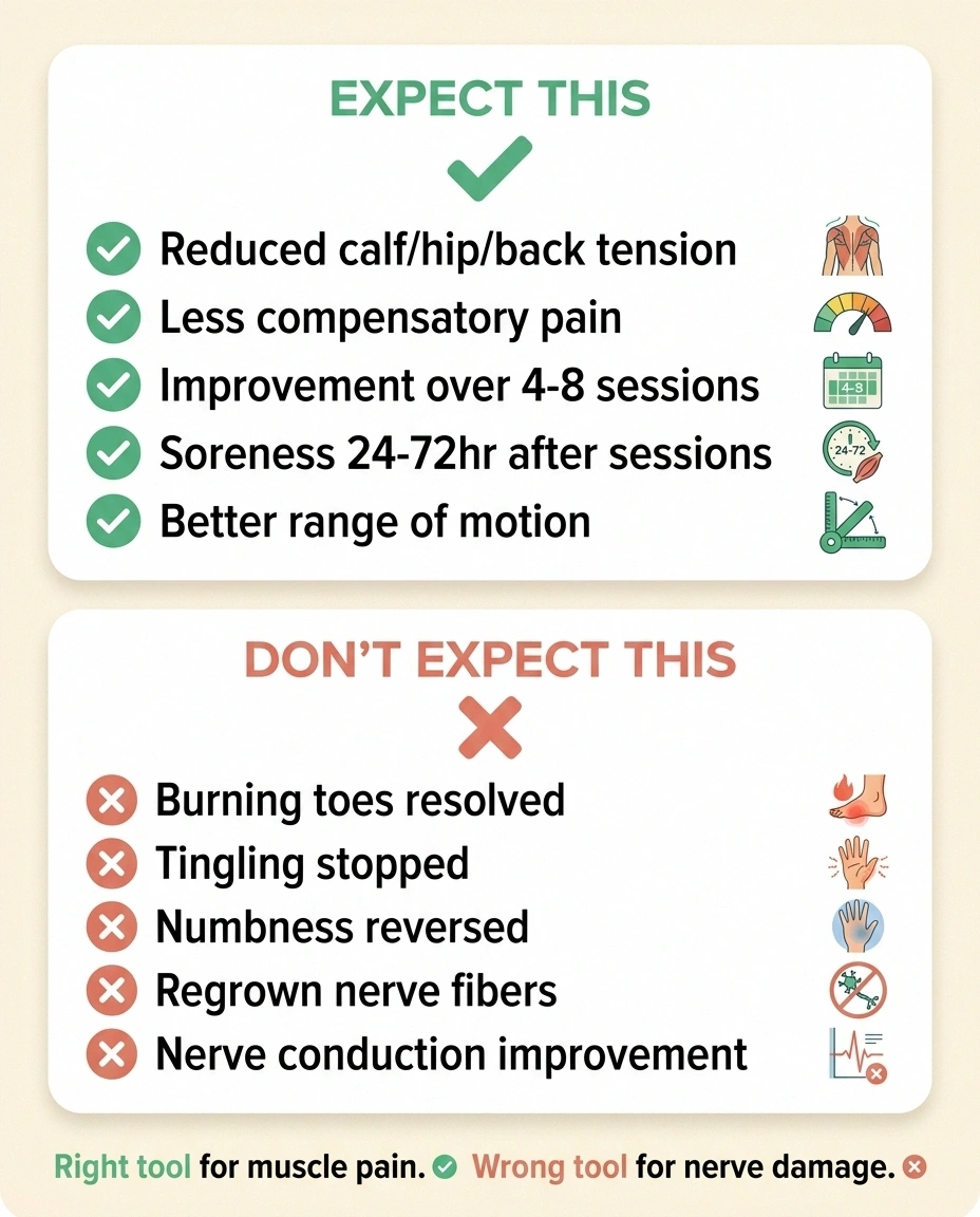 Two-column infographic showing what to expect (muscle tension relief) and what not to expect (nerve symptom improvement) from dry needling for neuropathy
