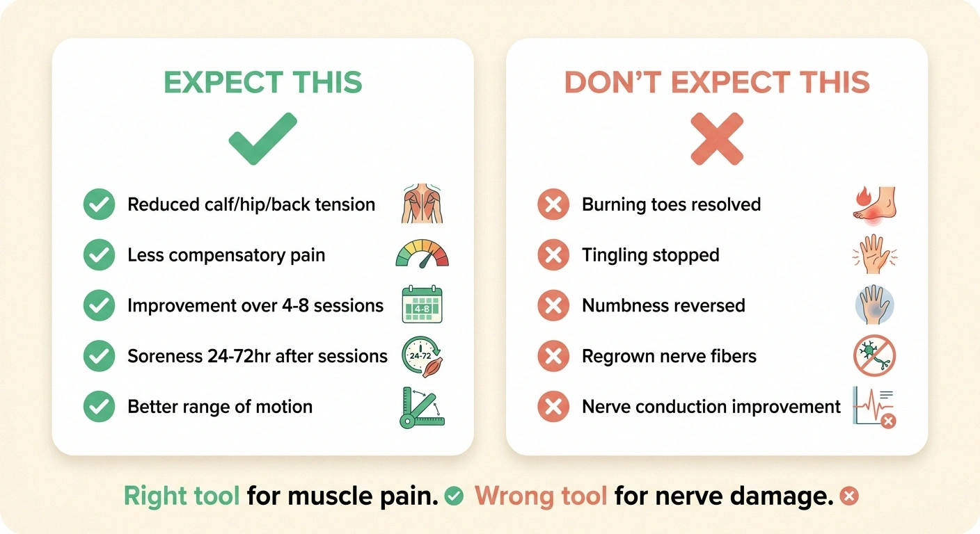 Two-column infographic showing what to expect (muscle tension relief) and what not to expect (nerve symptom improvement) from dry needling for neuropathy