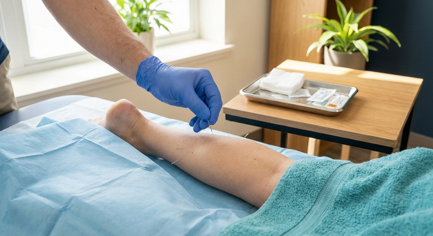 Close-up of multiple sterile dry needling needles inserted in a patient's calf muscle during a treatment session