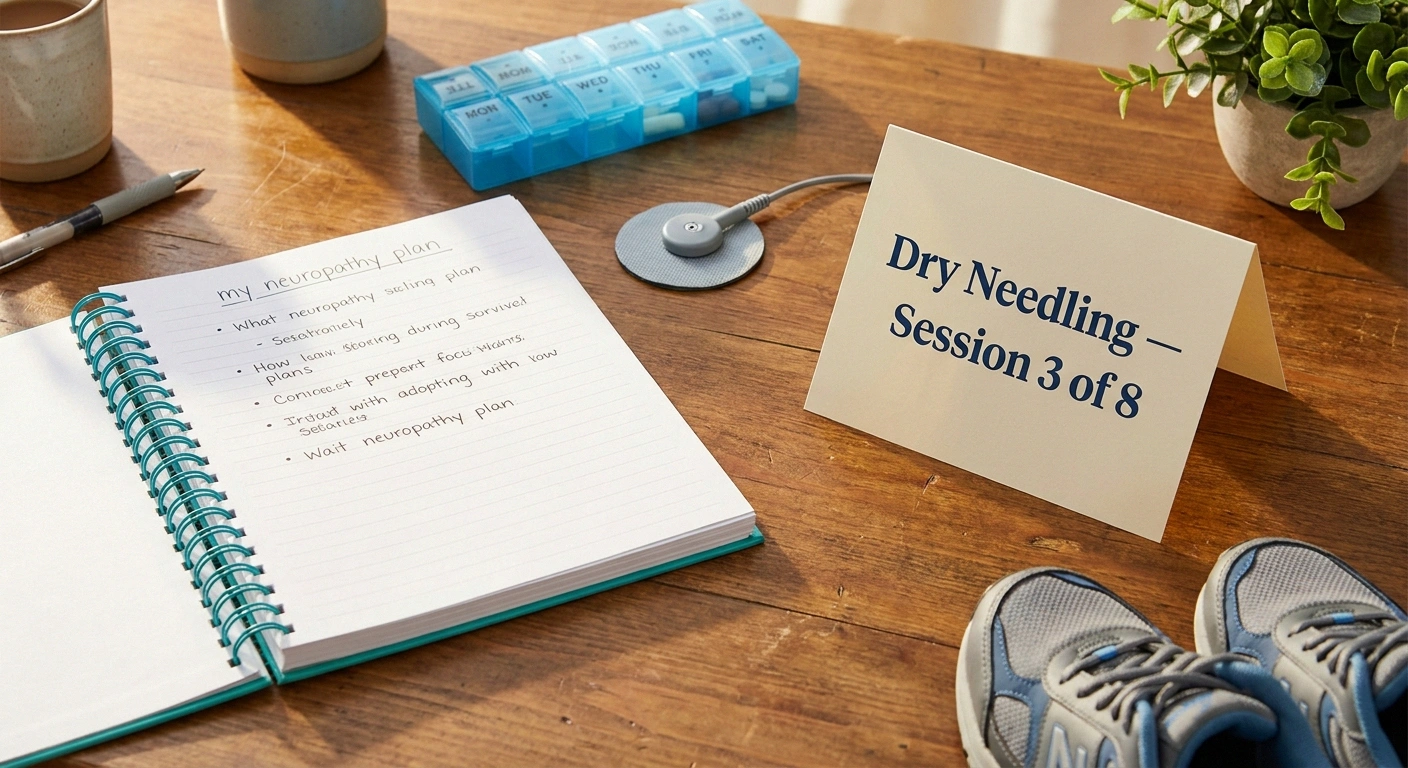 Overhead view of a notebook outlining a neuropathy treatment plan beside a pill organizer, TENS pads, walking shoes, and a PT appointment card