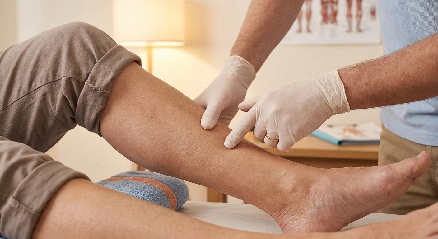 Physical therapist's hands palpating a patient's calf muscle to identify a myofascial trigger point before dry needling