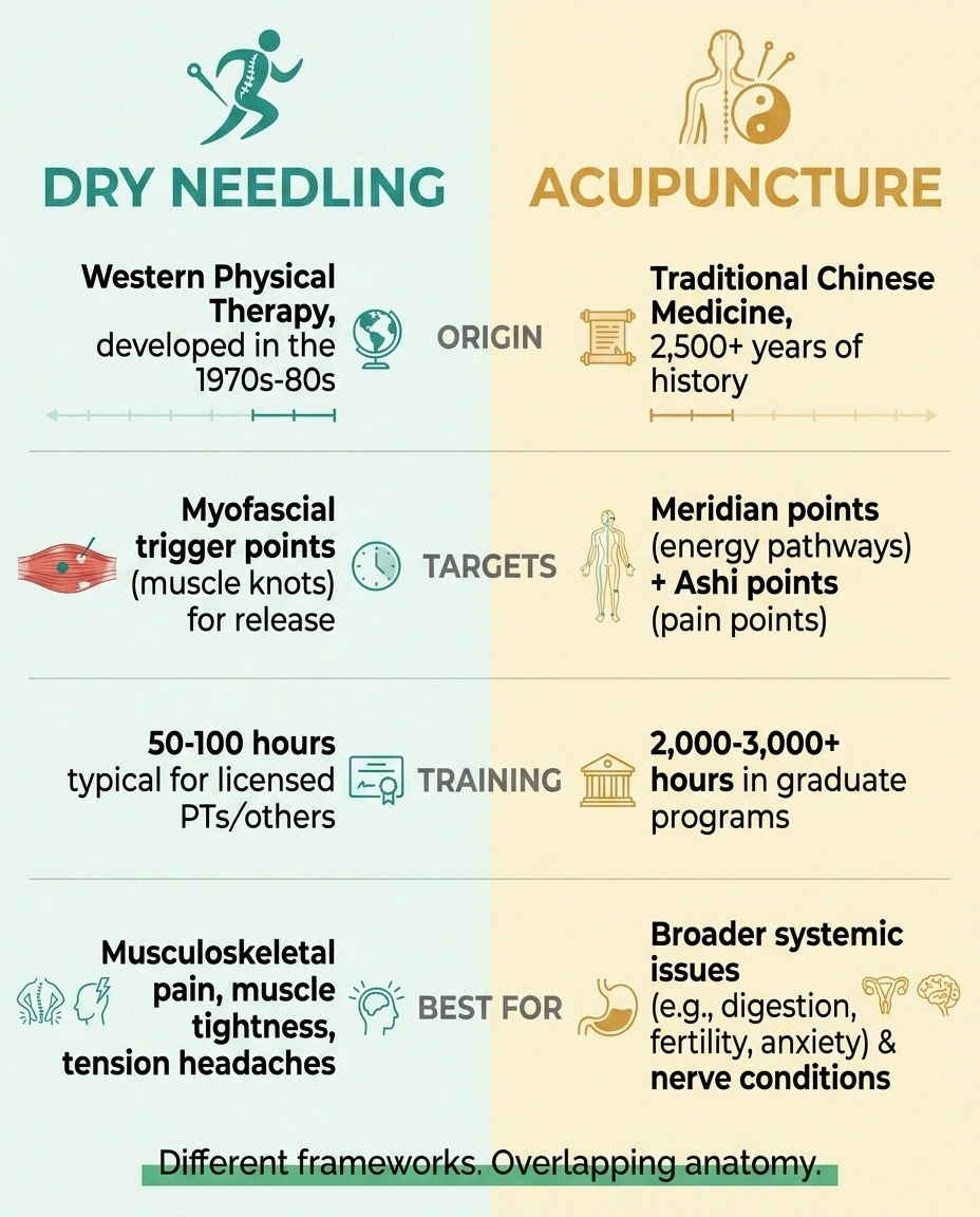 Two-column infographic comparing dry needling and acupuncture on origin, targets, training hours, and best use cases