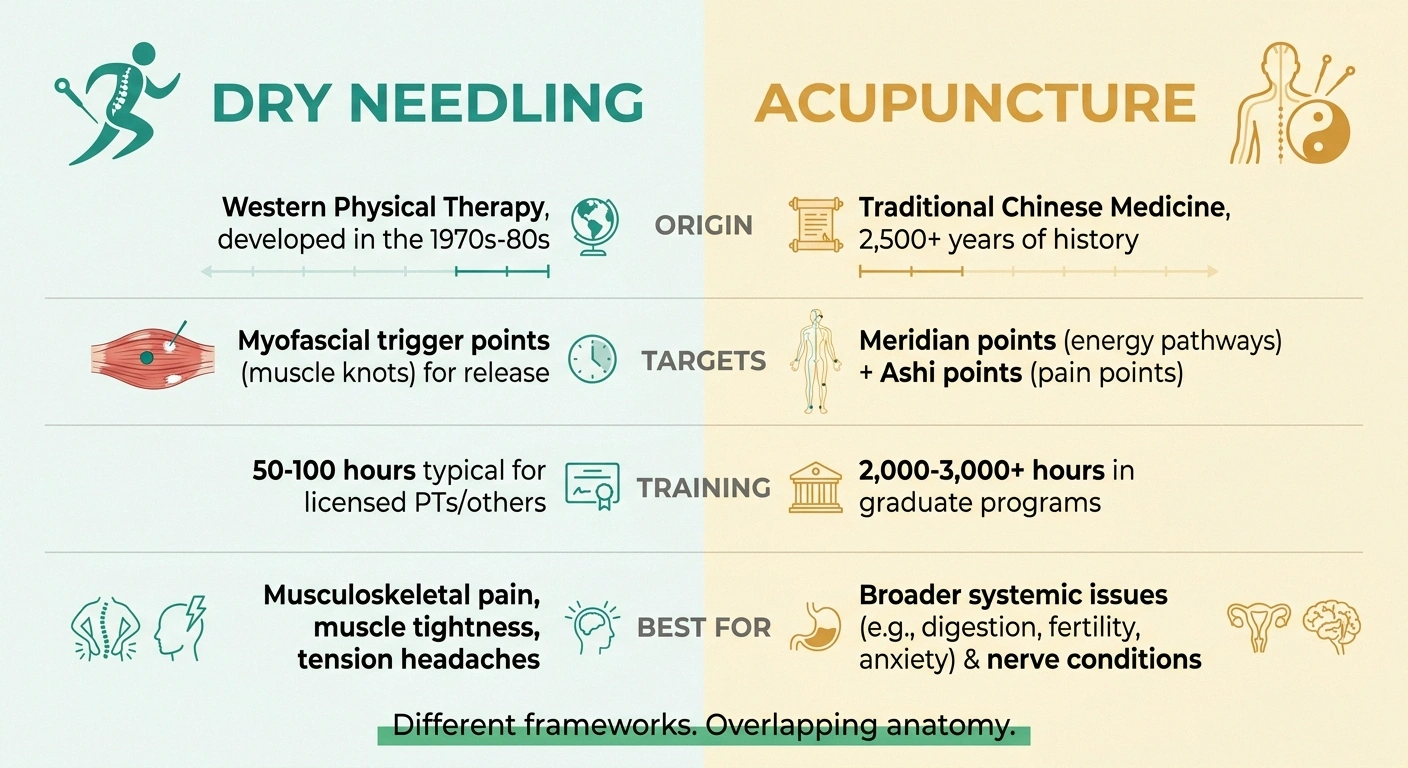 Two-column infographic comparing dry needling and acupuncture on origin, targets, training hours, and best use cases